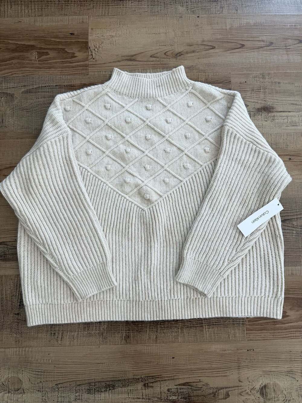 Calvin Klein Mock Neck Popcorn Stitch Sweater Beige Heather XL